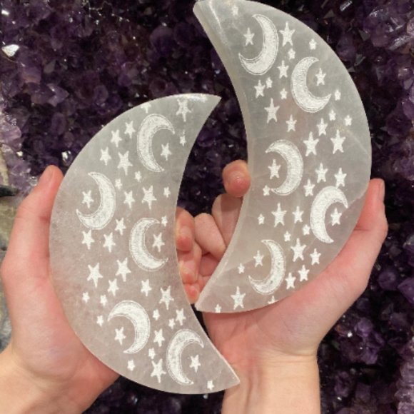 Selenite Moon Etched Charging Plate, Home Decor, Office Art, Boho Decorations - Picture 7 of 7